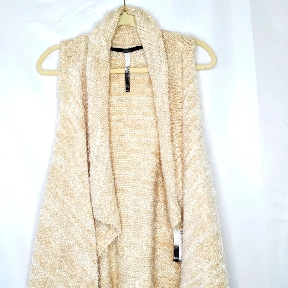 Kensie Fluffy Knit Sweater Vest XL Soft Sleeveless Neutral Eyelash Cardigan NEW‎